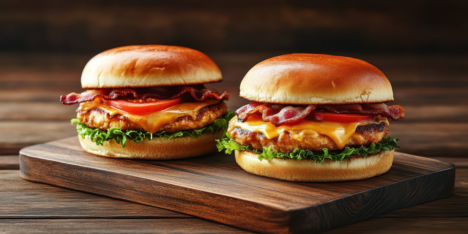 Juicy burgers with cheddar cheese, crispy bacon, and fresh vegetables served on a wooden platter